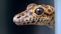 Macro shot of leopard gecko head showing detailed eye, scales and spotted pattern in warm tones against dark background. Suitable for wildlife and reptile publications.