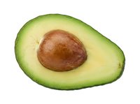 Halved avocado with pit isolated on white background, ready for food and nutrition design projects, healthy eating concepts, and culinary applications.