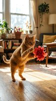 Orange tabby cat playing with red flower in cozy sunlit living room with plants and books for pet lifestyle content.