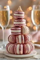 Festive tower of pink and white macarons stacked on white plate with champagne glasses and bokeh lights in background for celebration dessert.