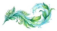 Flowing water splash with green leaves and ferns creating dynamic swirl motion on white background isolated for eco design projects.