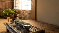 Traditional Japanese tea ceremony setup with ceramic bowls on bamboo tray in serene room with natural lighting and green plants for meditation and wellness.