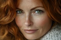 Close-up portrait of young woman with red curly hair, green eyes, and freckles wearing light knit sweater, perfect for beauty and skincare advertising.