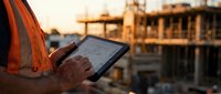 Construction worker using digital tablet at building site during golden hour for project management and planning.