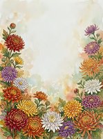 Watercolor chrysanthemum border frame with colorful autumn blooms in red, orange, purple and white, copy space for text or greeting cards.