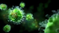 Microscopic view of green glowing virus cells with detailed protein spikes floating in dark space, scientific medical visualization for healthcare and research purposes.