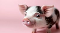 Spotted piglet with pink snout and large ears looking curiously against soft pink background, close-up portrait showing innocent expression and gentle features.