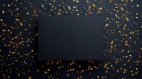 Black rectangle frame surrounded by scattered golden confetti on dark background, creating elegant festive composition for holiday designs and celebrations.