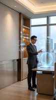 Asian businessman in suit using holographic technology interface in modern office with city skyline view and contemporary interior design.