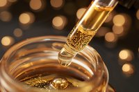 Dropper with golden cosmetic serum or essential oil dripping into glass jar, macro beauty shot with bokeh background for luxury skincare advertising.