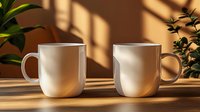 Two white ceramic coffee mugs on wooden surface with warm sunlight and green plants creating cozy morning atmosphere for kitchen and home decor designs.