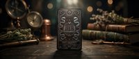 Mystical tarot card with ornate design on wooden table surrounded by vintage books, candles and antique objects creating atmospheric fortune telling scene.