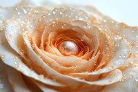 Soft peach rose with delicate water droplets on layered petals creating romantic floral composition for wedding invitations and feminine design projects.