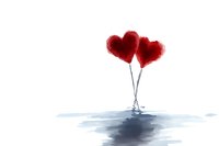Two red heart-shaped balloons reflected in water surface against white background, romantic minimalist watercolor style artwork for Valentine's Day cards.