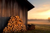 Stacked firewood against rustic wooden barn wall at sunrise, with vintage wheelbarrow and misty farm field in golden morning light creating cozy rural atmosphere.
