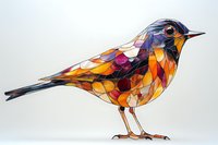 Colorful stained glass style bird illustration with vibrant orange, purple, and blue geometric shapes forming mosaic pattern on white background, artistic nature design.
