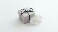 Elegant gray gift box with black ribbon bow and white orchid flower on clean white background for special occasions and celebrations.