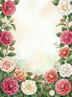 Watercolor camellia floral frame with pink and white blooms, green leaves, soft pastel background, and copy space for text or design.