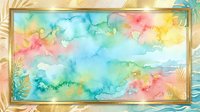 Watercolor landscape with soft pastel clouds and sky in pink, yellow, blue, and green tones, framed in gold border, isolated on white background for design projects.