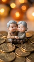 Elderly couple figurines embracing on golden coins with warm bokeh lights background representing retirement savings and financial security planning.