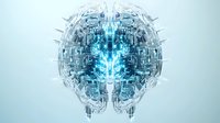 Glowing digital brain visualization with futuristic technological elements and blue energy core, representing artificial intelligence and cognitive computing advancement.