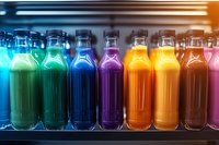 Colorful rainbow array of fresh juice bottles lined up on illuminated shelf, glowing with vibrant hues from green to blue, purple, orange and pink. Perfect for wellness concept.