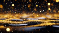 Magical golden glitter particles floating on dark background with bokeh lights and sparkles creating dreamy abstract festive atmosphere.