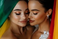 Young diverse women with natural makeup and freckles in tender embrace against rainbow flag background, celebrating love and unity. LGBTQ+ pride concept.