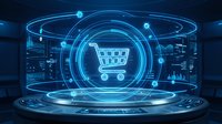 Futuristic holographic shopping cart icon with glowing blue neon circles and digital interface elements for e-commerce technology concepts.