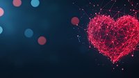 Digital heart shape formed by connected dots and lines glowing in neon pink against dark blue background with soft bokeh lights, modern love concept.