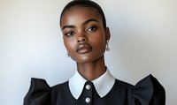 Young African American woman wearing elegant black dress with white collar and statement earrings against light background, showcasing professional fashion style.
