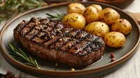 Juicy grilled beef steak with golden baby potatoes and fresh rosemary on rustic ceramic plate, close up view showing grill marks and seasoning.