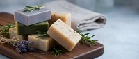 Natural handmade soap bars with lavender and rosemary herbs on wooden cutting board for spa skincare and aromatherapy relaxation routine.