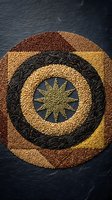 Colorful grains and seeds arranged in concentric circles forming mandala pattern on dark slate background for healthy nutrition and organic food concepts.