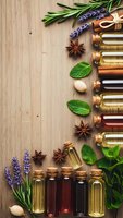 Essential oil bottles with fresh herbs and spices on wooden background for aromatherapy, natural wellness and spa treatments.
