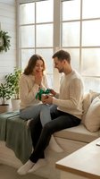 Young Caucasian couple exchanging gift on couch in bright living room with large windows and plants creating romantic atmosphere for special occasion.