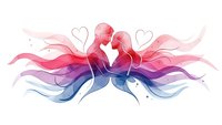 Romantic couple silhouettes kissing surrounded by flowing ribbons and hearts in pink purple gradient watercolor style for wedding invitations.
