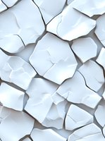 Cracked white surface with irregular geometric fragments creating abstract pattern and depth through shadows. Seamless repeatable background for design projects.
