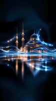 Mystical mosque with illuminated minarets reflecting in water with glowing blue light trails and energy waves creating magical atmosphere at night.
