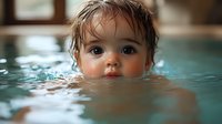 Young child partially submerged in blue swimming pool water with wet hair and bright eyes looking directly at camera, creating emotional connection and sense of innocence.
