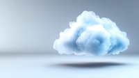 Glowing white cloud floating in blue atmosphere with soft shadow beneath, representing cloud computing, data storage, and digital transformation concepts.