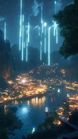 Mystical night scene with glowing blue light beams descending from sky over illuminated coastal village nestled between cliffs, reflecting golden lights on calm waters.