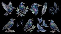 Iridescent starling bird clipart set isolated on transparent background, featuring flying poses, perched birds, feather, and flock, ready for t-shirt design and print on demand.