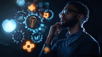 Young African American businessman in glasses contemplating innovative solutions with glowing digital icons of lightbulbs, gears and business elements floating in dark space.