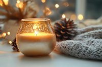 Glowing candle in frosted glass holder with pine cone and cozy knit sweater against soft bokeh lights creating warm winter holiday atmosphere.