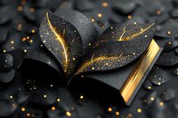 Magical black book with glowing golden leaves emerging from pages, sparkles and bokeh lights creating mystical atmosphere against dark background.