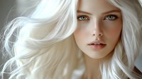 Young Caucasian woman with platinum blonde wavy hair and natural makeup looking at camera with serene expression against light background. Soft beauty portrait.