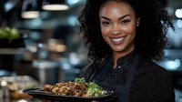 Young African American female server presenting gourmet meat dish with garnish in upscale restaurant setting. Professional hospitality service concept.