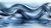 Abstract flowing lines creating dynamic wave pattern in metallic blue and silver tones with water reflection, suitable for modern business or tech backgrounds.