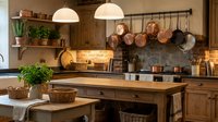 Rustic farmhouse kitchen with wooden cabinets, copper pots, brick backsplash, pendant lights, and potted herbs on open shelves.